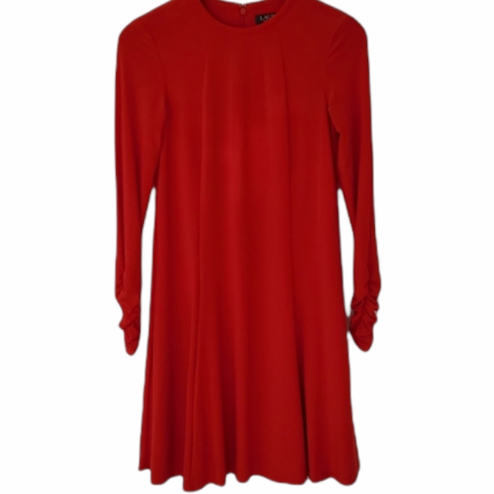 Lauren Ralph Lauren Red Knee Length Long Sleeve A-Line Dress Sz 2